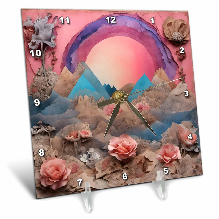 Desk Clock - Pink Mountains and Flowers Collage Digital Art