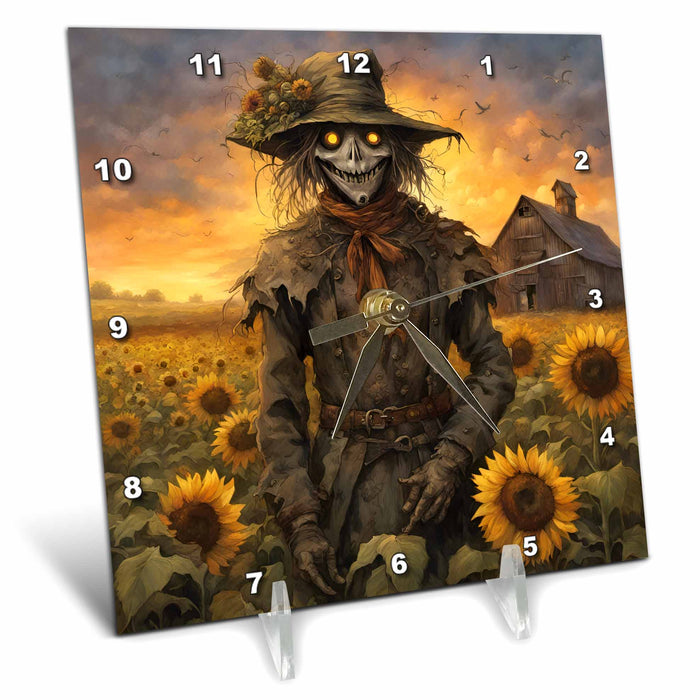 Desk Clock - Horror Scarecrow in a Sunflower Field Digital Art