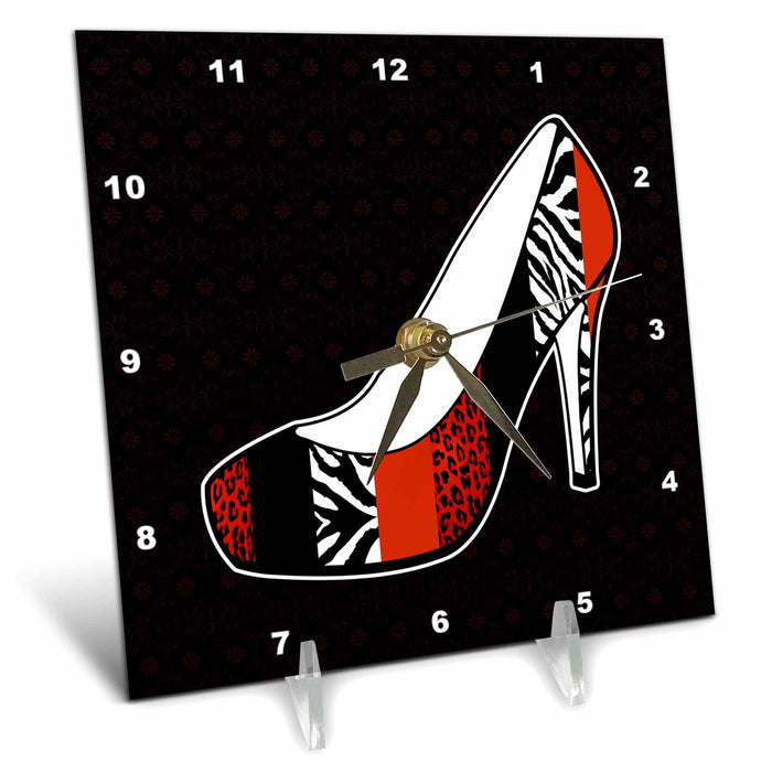 Desk Clock - I Love Shoes - Animal Print High Heel Shoe - Red Cheetah and Zebra Designs Fashion