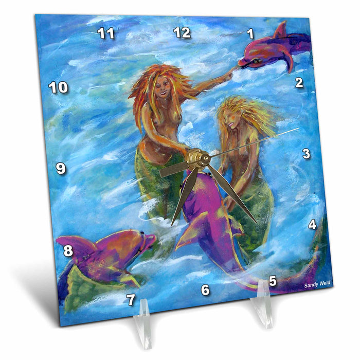 Desk Clock - Mermaids and Pink Porpoises,Whimsical creatures play in the ocean. s Whimsical Sea Creatures