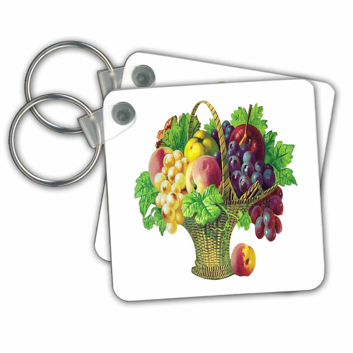 Key Chain - Tall Basket of Fruits with grapes, peaches, apples and grape leaves BLN Victorian Fruits and Flowers Collection