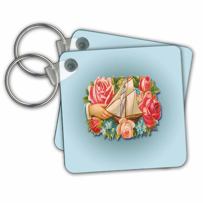 Key Chain - Sailboat with US Flag Surrounded by Pink Roses and Small Blue Flowers BLN Vintage Nautical Illustrations Collection