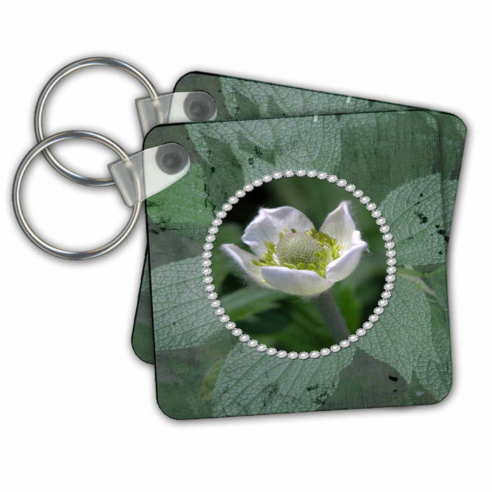 Key Chain - Pretty Thimbleweed Flower in Oval Pearl Frame Flora Design and Photography