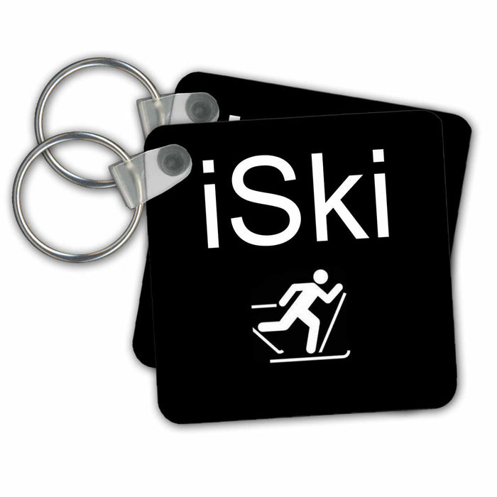 Key Chain - iSki, white lettering on black background with picture of skier Xander sports sayings