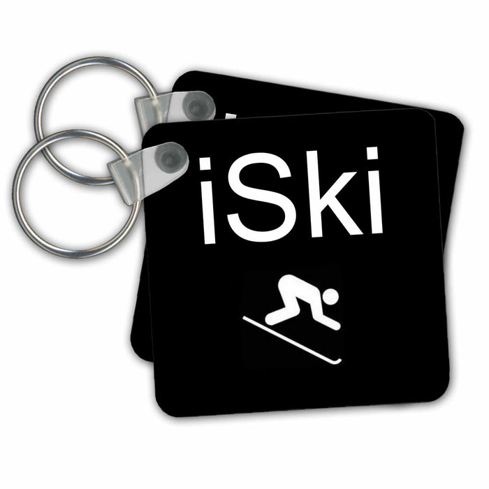 Key Chain - iSki, white lettering on black background with picture of skier Xander sports sayings