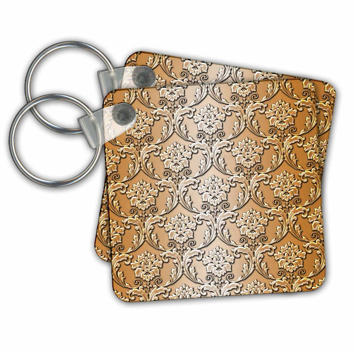 Key Chain - Large Shimmering Bronze Metal Effect Royal Damask Patterns