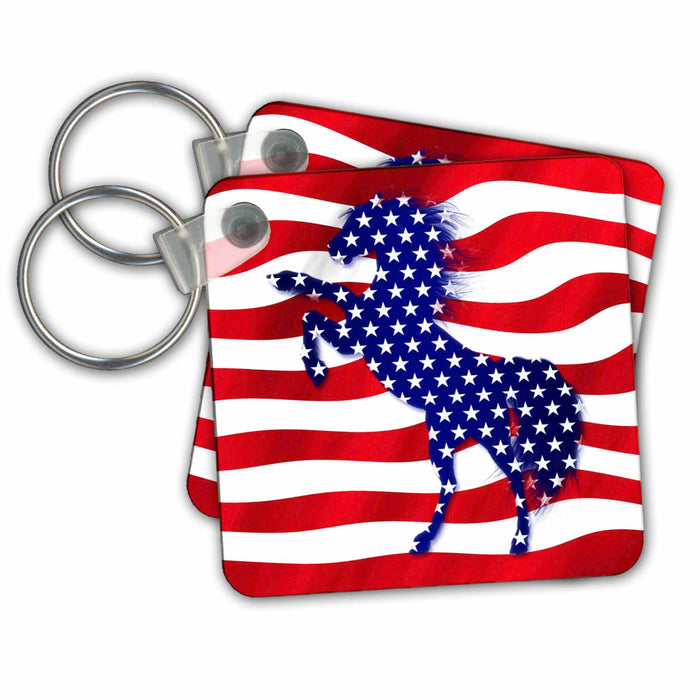 Key Chain - Horse in Blue and White Stars Against Red and White Striped Flag Patriotic