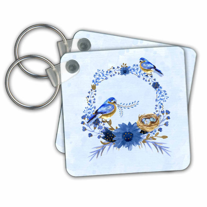 Key Chain - Two Bluebirds Building a Nest on a Floral Watercolor Wreath Birds