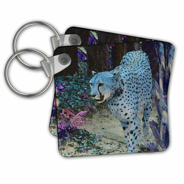 Key Chain - Cheetah Painting Blue Hue Cat Walking animals