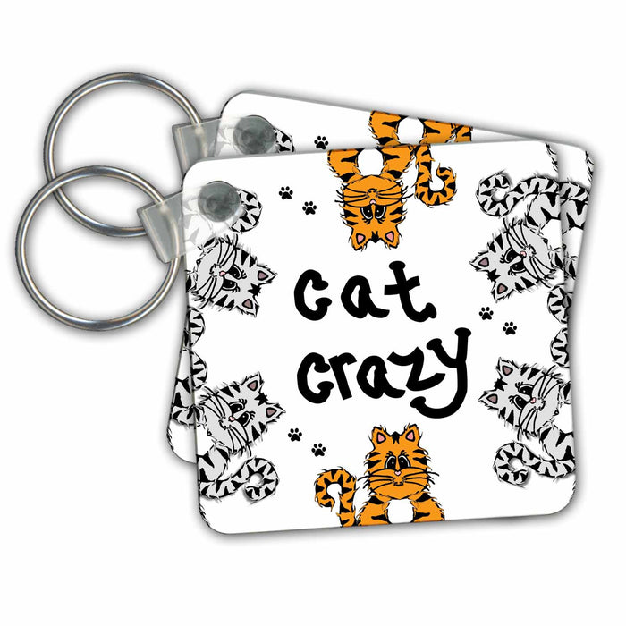 Key Chain - Cute Pet Lovers - Cat Crazy - Grey and Orange Tiger Stripe Tabby Cats CW Designs Whimsical Collection