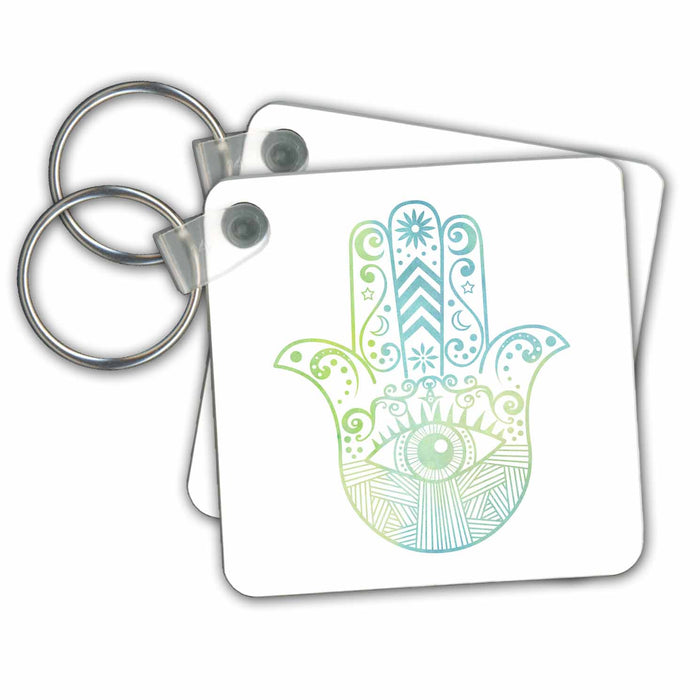 Key Chain - Hamsa Hand Green and Blue Watercolor Designs Boho