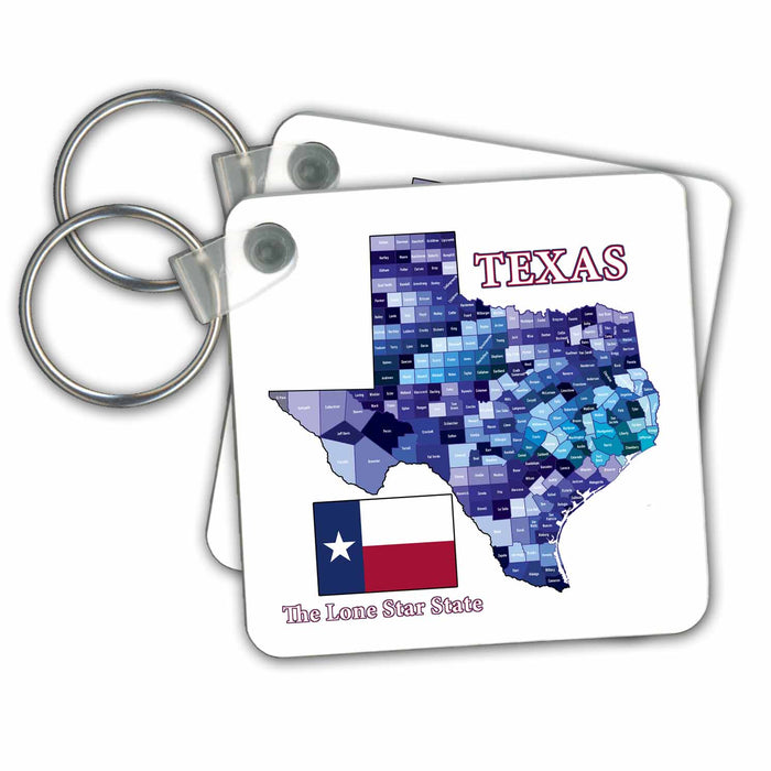 Key Chain - Flag and County map of Texas in blues with state name and nickname Flags and Maps - States