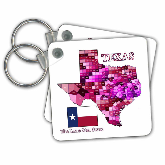 Key Chain - Flag and County map of Texas in reds with state name and nickname Flags and Maps - States