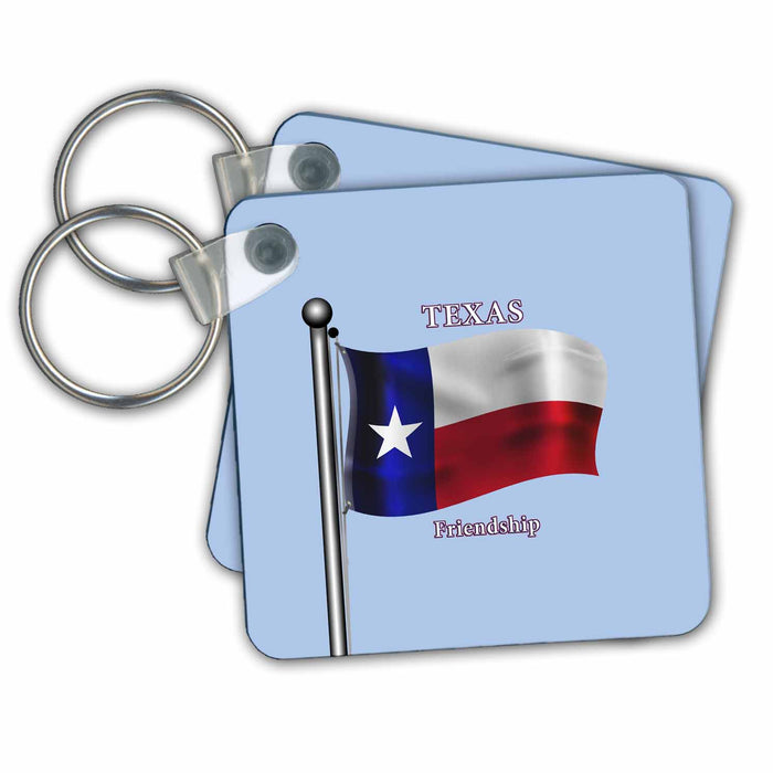 Key Chain - Waving Flag of Texas and state motto on a light blue background Flags and Maps - States