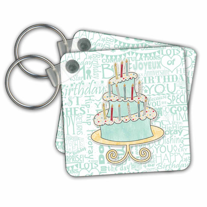 Key Chain - Illustrated Doodle Style Three Tier Birthday Cake in Pastel Colors Birthday Collection