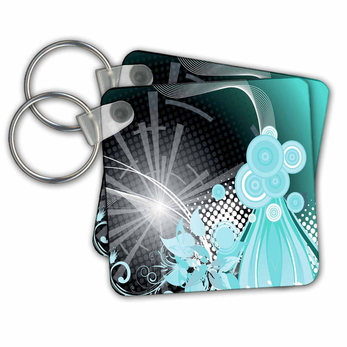 Key Chain - Turquoise, White, and Black Shimmering Streamers and Circles Abstract Abstract