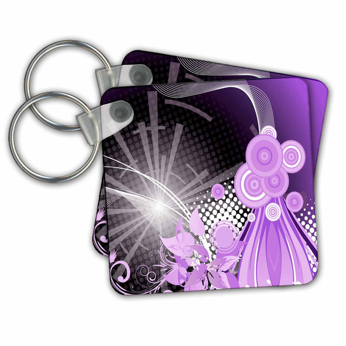 Key Chain - Purple, White, And Black Shimmering Streamers and Circles Abstract Abstract