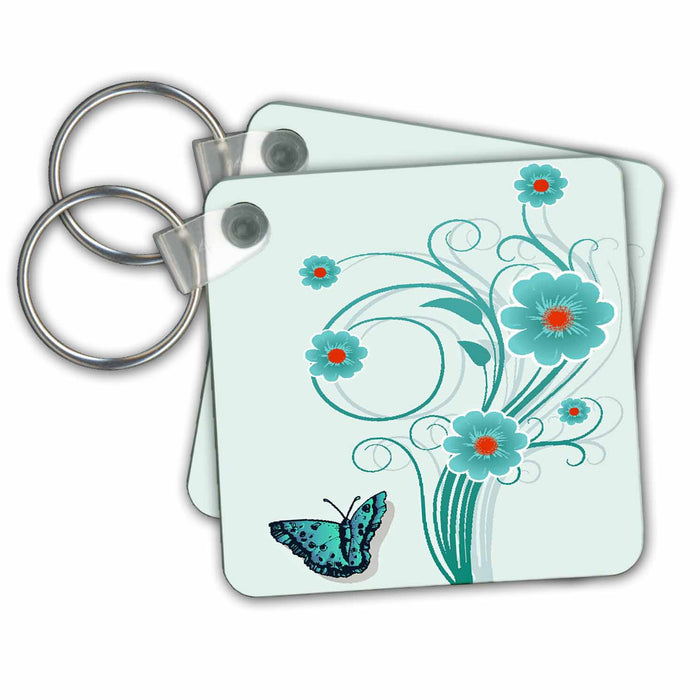 Key Chain - Pretty Turquoise and Orange Bouquet Of Flowers With One Butterfly Flowers