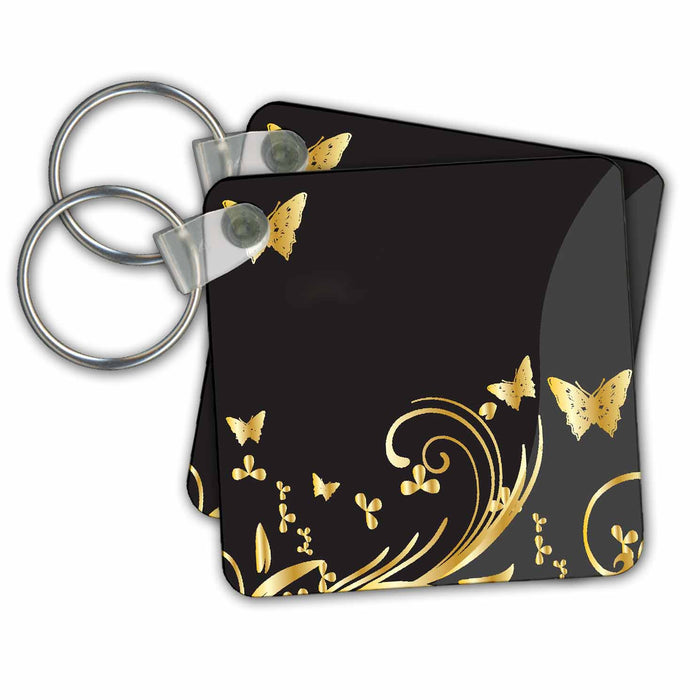 Key Chain - Gold Butterflies and Flourishes On A Two-Tone Charcoal Background Butterflies