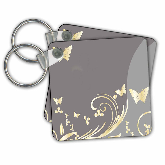 Key Chain - Gold Butterflies and Flourishes On A Two-Tone Light Gray Background Butterflies