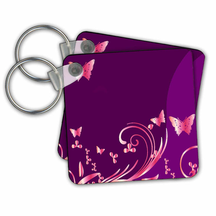 Key Chain - Pink Butterflies and Flourishes On A Two-Tone Purple Background Butterflies