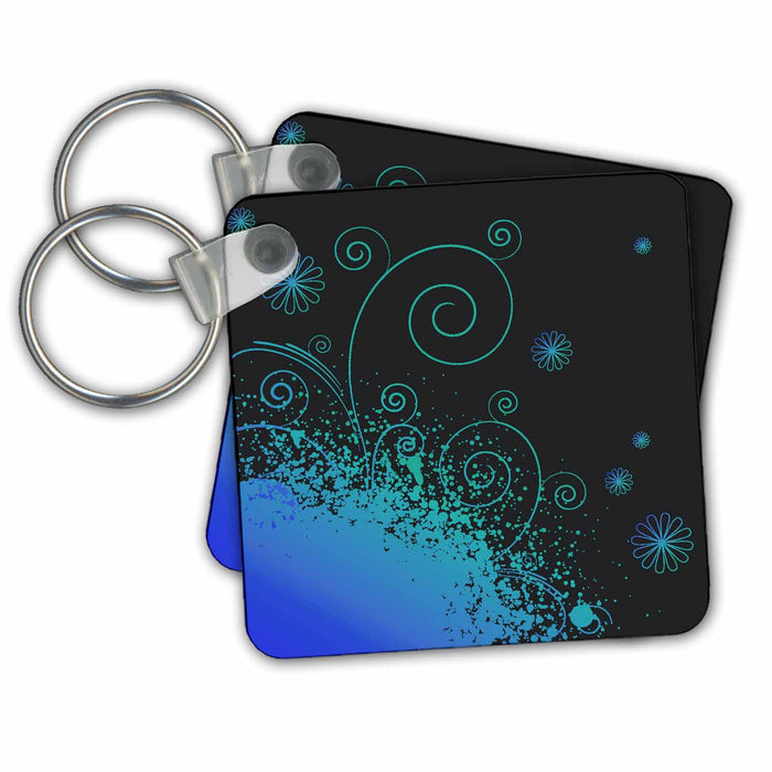 Key Chain - Blue Splatter With Flourishes and Flowers Contemporary