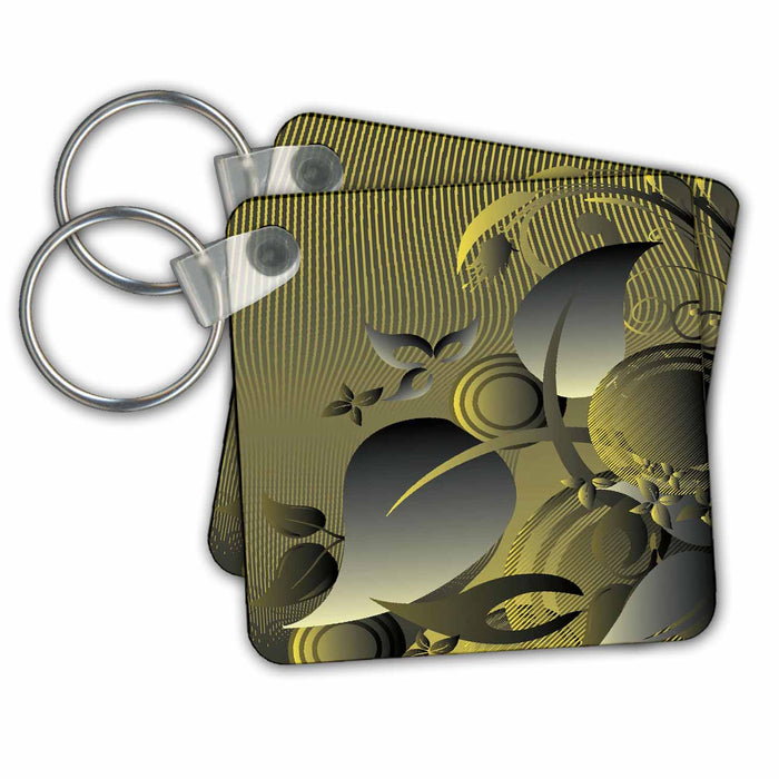 Key Chain - Steel Gray and Yellow Leaves and Circles Design Contemporary