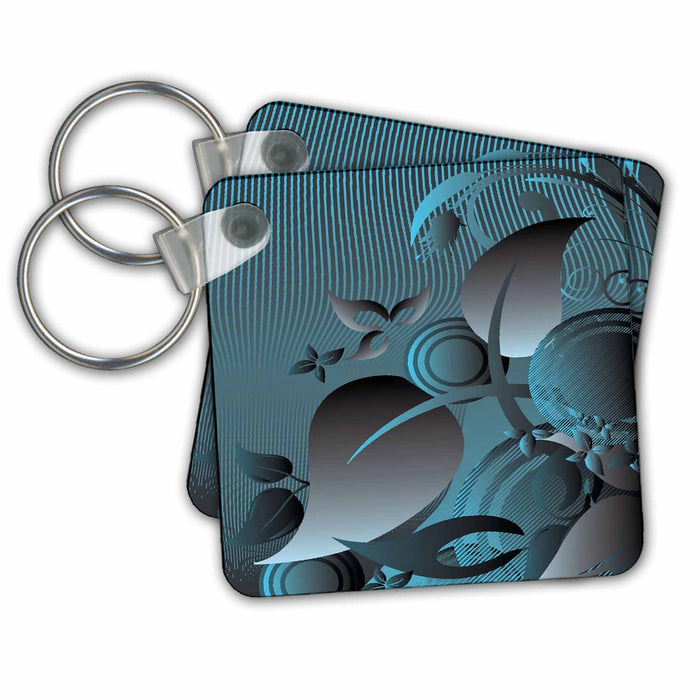 Key Chain - Steel Gray and Blue Leaves and Circles Design Contemporary