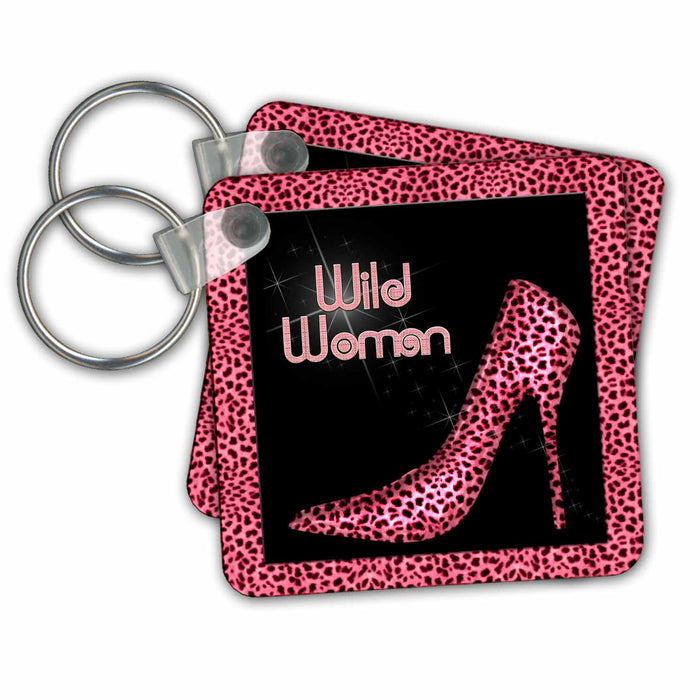 Key Chain - Pink Cheetah Print Wild Woman Stiletto Pump and Bling Animal Print Collection