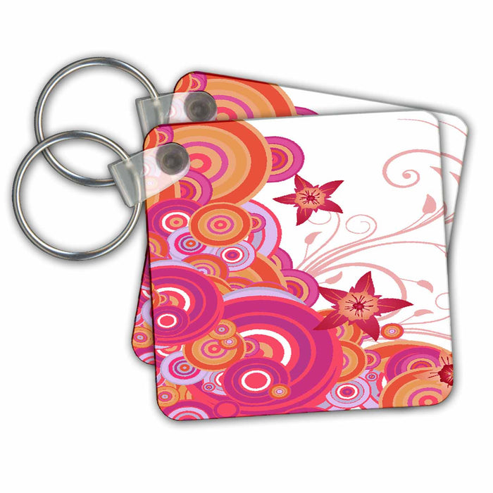 Key Chain - Orange and Pink Overlapping Circles With Star Flowers Contemporary