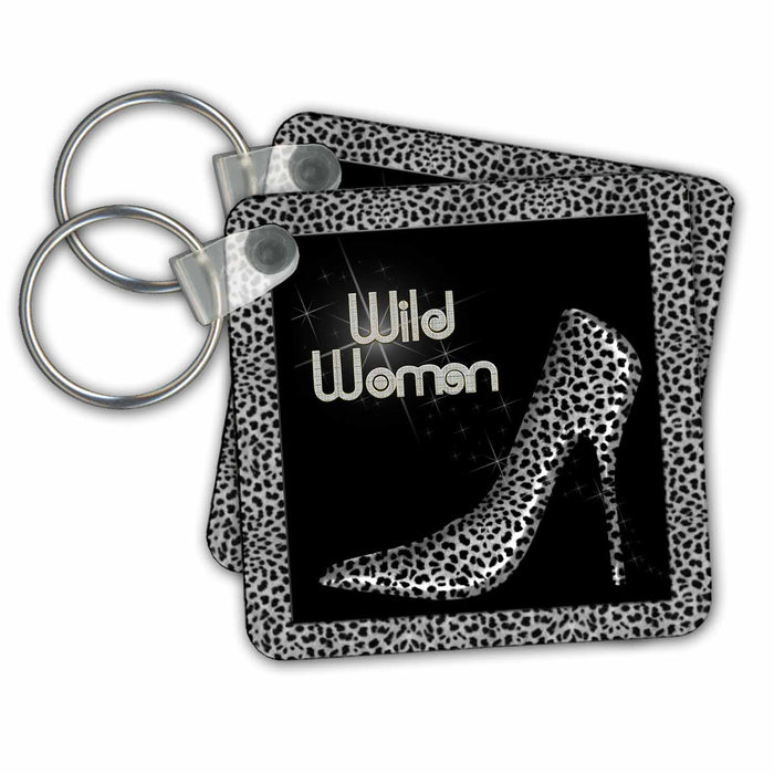 Key Chain - Silver Cheetah Print Wild Woman Stiletto Pump and Bling Animal Print Collection