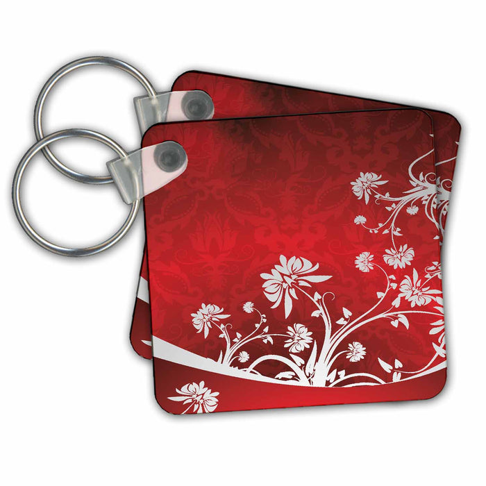 Key Chain - Gray Flowers On A Red Damask Background Flowers