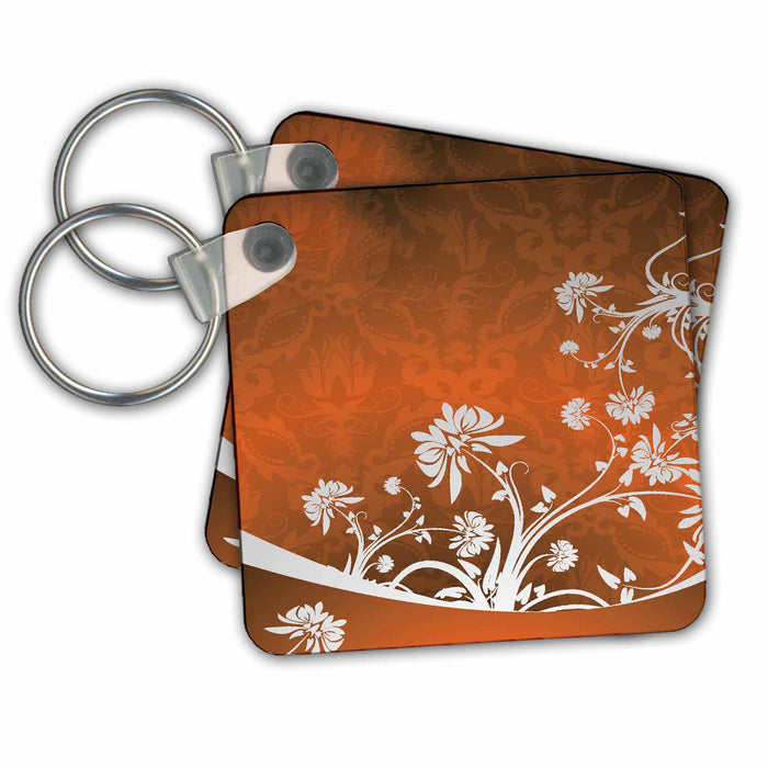 Key Chain - Gray Flowers On An Orange Damask Background Flowers