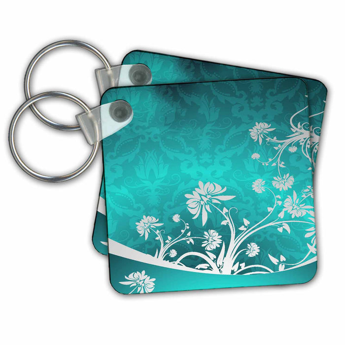 Key Chain - Gray Flowers On A Turquoise Damask Background Flowers