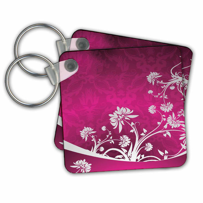 Key Chain - Gray Flowers On A Pink Damask Background Flowers