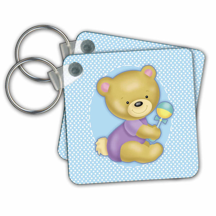 Key Chain - Cute Teddy Bear with Rattle on Blue Polkadot Background Nursery Designs