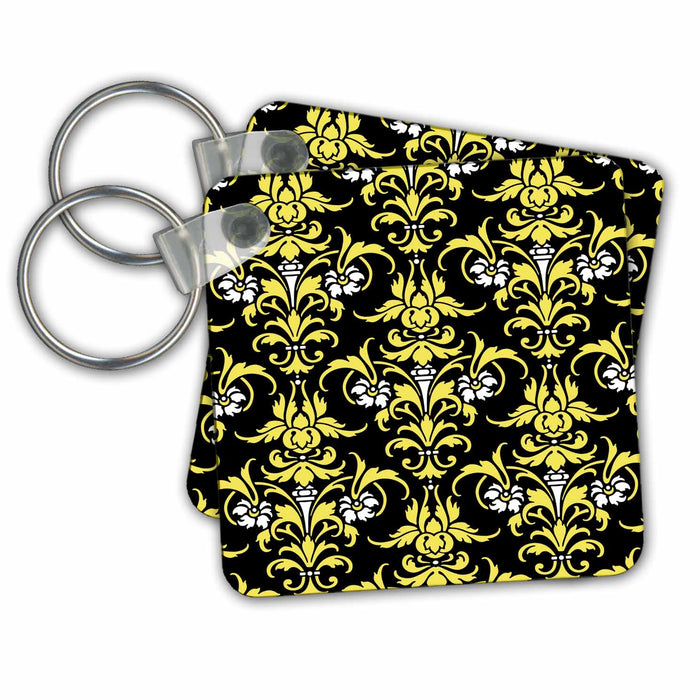 Key Chain - Victorian Damask Pattern in Black White and Yellow Patterns