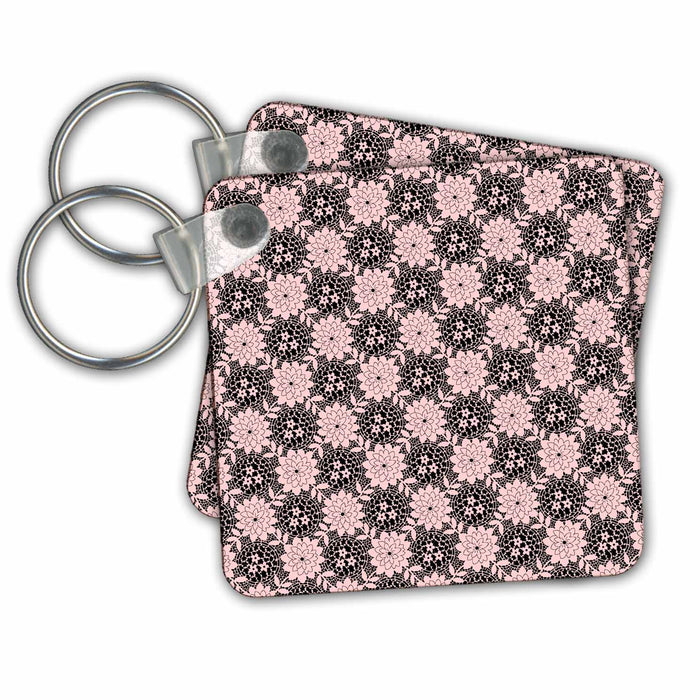 Key Chain - Delicate Black Lace Pattern on Pink Background Patterns