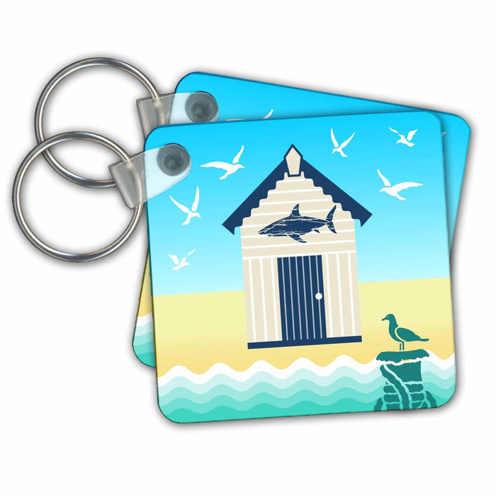 Key Chain - Beach Hut in Navy with Shark Theme on Blue Sky with gulls Nautical Designs