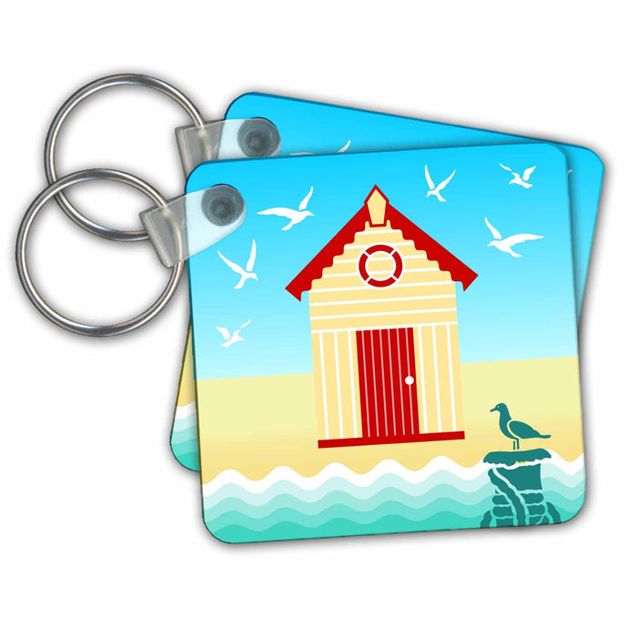 Key Chain - Beach Hut in Red with Lifesaver Theme on Blue Sky with gulls Nautical Designs