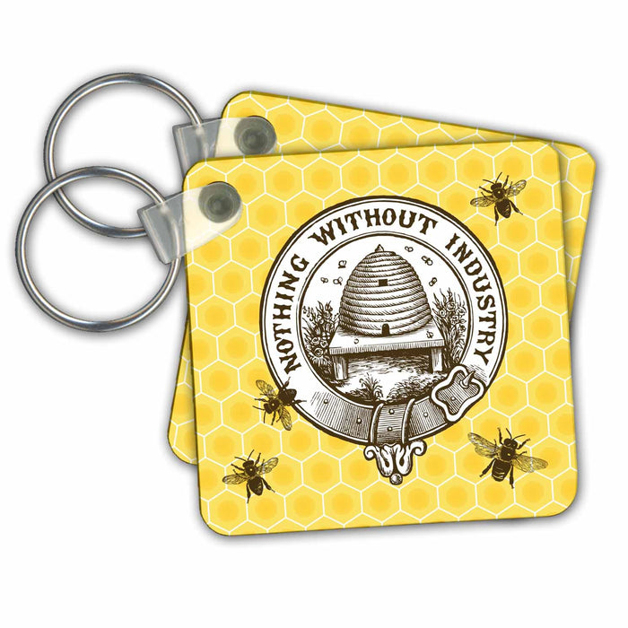 Key Chain - Pretty Honey Bees around Bee Hive on Honeycomb Background Designs