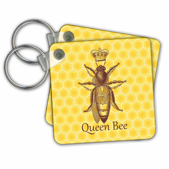 Key Chain - Stately Queen Bee with Royal Crown over Yellow Honeycomb Designs