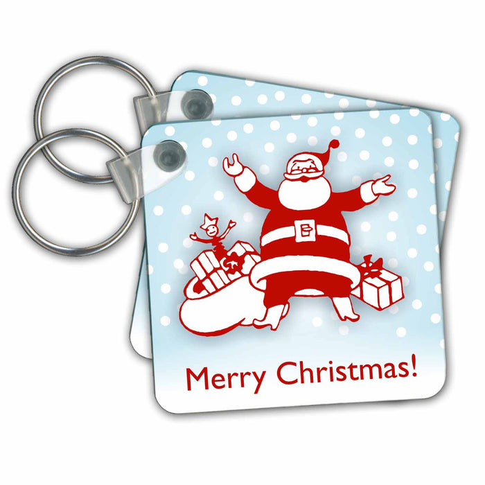 Key Chain - Merry Christmas text with Retro Santa on Blue Snowy Background Christmas Designs