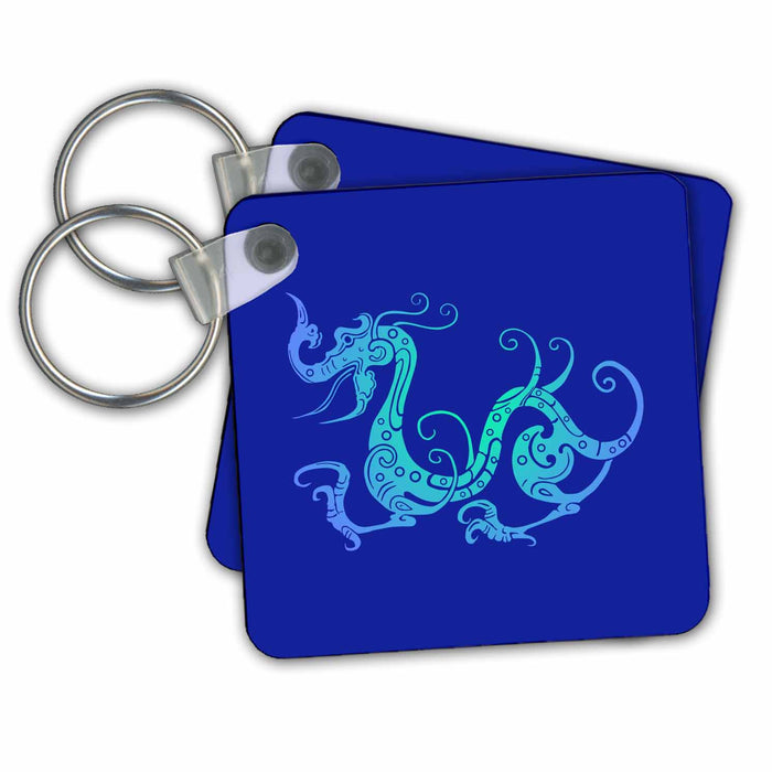 Key Chain - Smart Oriental Blue Tonal Dragon on Blue Background Designs