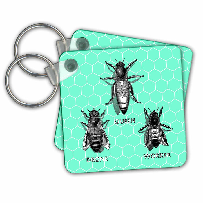 Key Chain - Queen Bee Worker Bee and Drone Bee on Mint Green Hexagons Designs