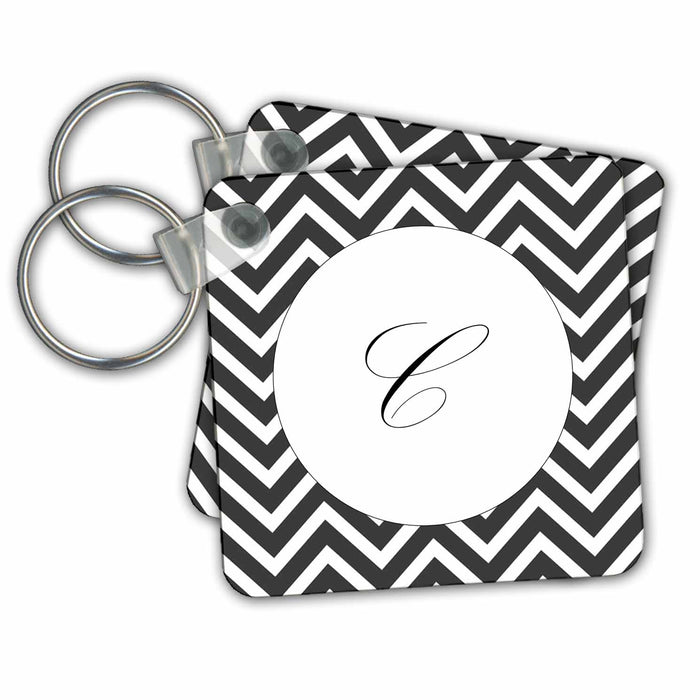 Key Chain - Print of Script C On Black White Chevron Stripes Initials