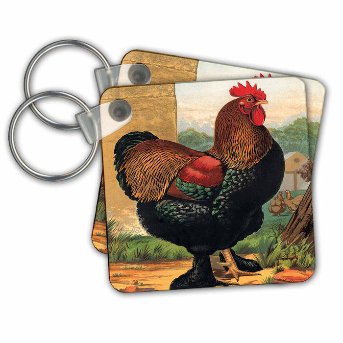 set of 6 Key Chains - Vintage Partridge Cochin Rooster, Dark Green and Brown BLN Vintage Roosters and Hens