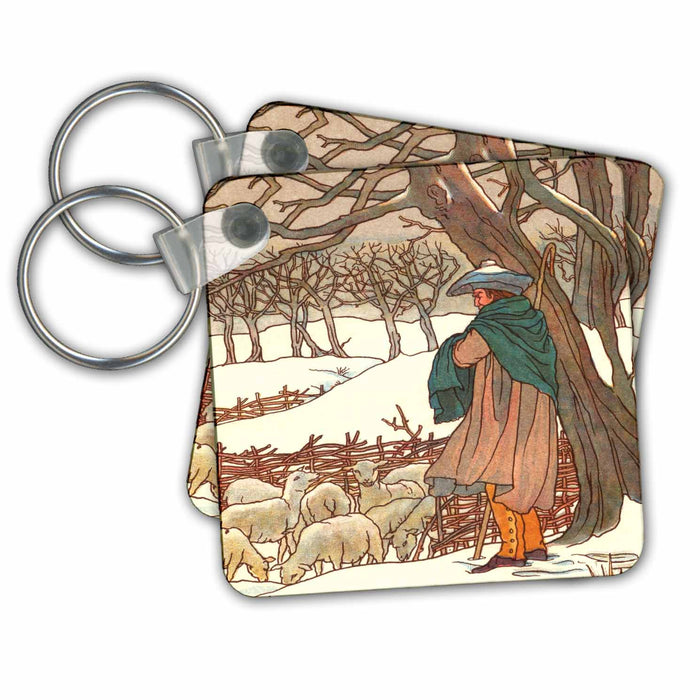 set of 6 Key Chains - Victorian Illustration Of Shepherd in Winter Snow with Sheep Nursery Designs