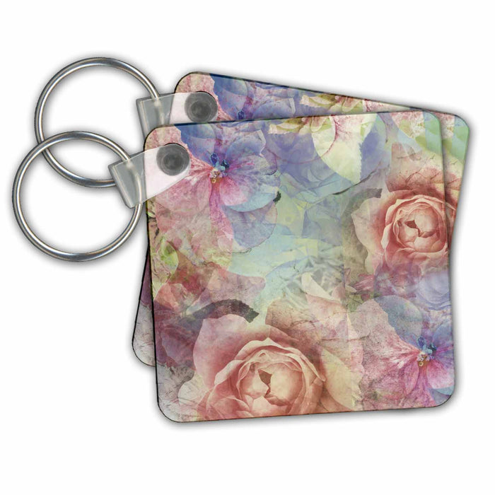 set of 6 Key Chains - Soft Vintage Pink and Blue Layered Roses Vintage