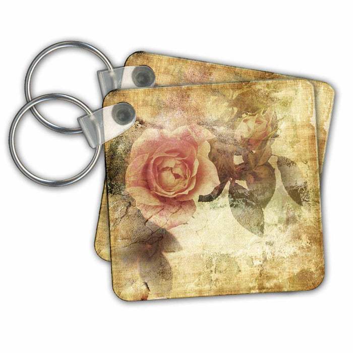 set of 6 Key Chains - Pretty Light Pink Vintage Roses On A Grunge Background Vintage